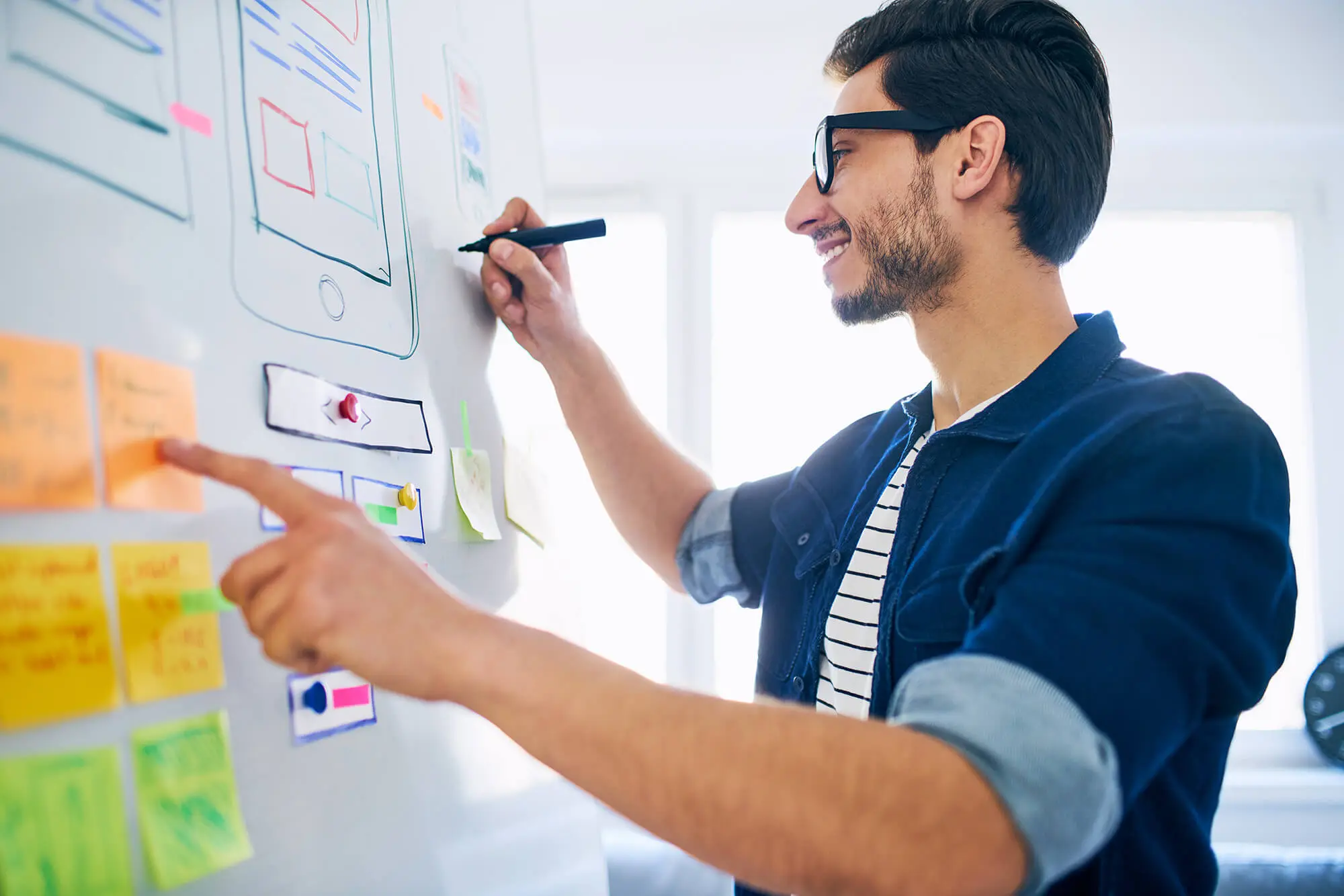 A man pointing at a whiteboard with sticky notes.